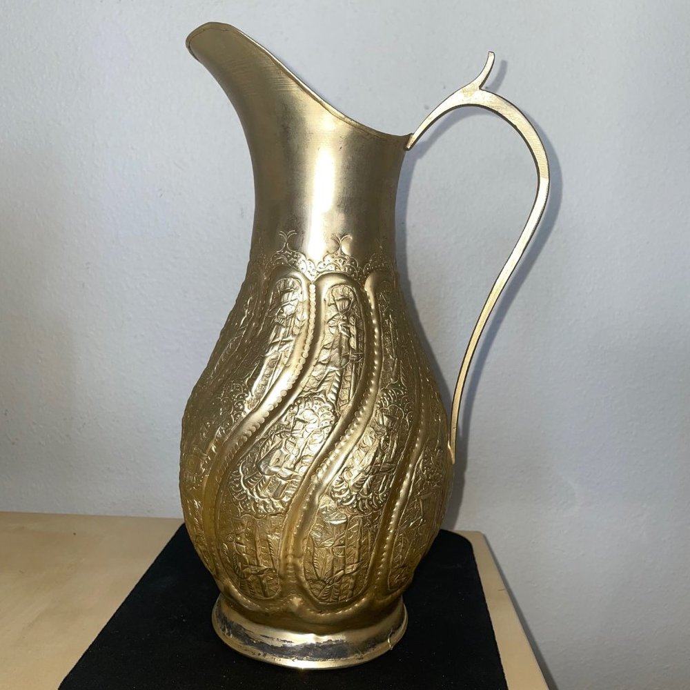 Vintage 11-1/4" Middle Eastern Iranian Persian Brass Pitcher with 3D Design